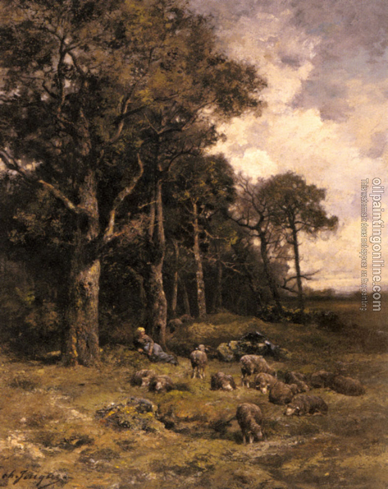 Charles Emile Jacque - Shepherdess Resting With Her Flock